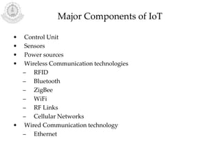 Major Components of IoT
• Control Unit
• Sensors
• Power sources
• Wireless Communication technologies
– RFID
– Bluetooth
– ZigBee
– WiFi
– RF Links
– Cellular Networks
• Wired Communication technology
– Ethernet
 
