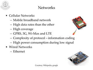 Networks
• Cellular Networks
– Mobile broadband network
– High data rates than the other
– High coverage
– GPRS, 3G, Wi-Max and LTE
– Complexity of protocol – information coding
– High power consumption during low signal
• Wired Networks
– Ethernet
Courtesy: Wikipedia, google
 