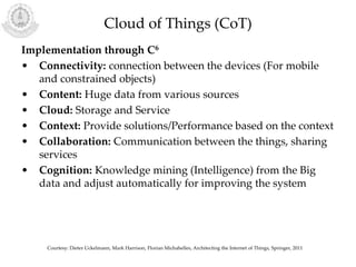 Cloud of Things (CoT)
Implementation through C6
• Connectivity: connection between the devices (For mobile
and constrained objects)
• Content: Huge data from various sources
• Cloud: Storage and Service
• Context: Provide solutions/Performance based on the context
• Collaboration: Communication between the things, sharing
services
• Cognition: Knowledge mining (Intelligence) from the Big
data and adjust automatically for improving the system
Courtesy: Dieter Uckelmann, Mark Harrison, Florian Michahelles, Architecting the Internet of Things, Springer, 2011
 