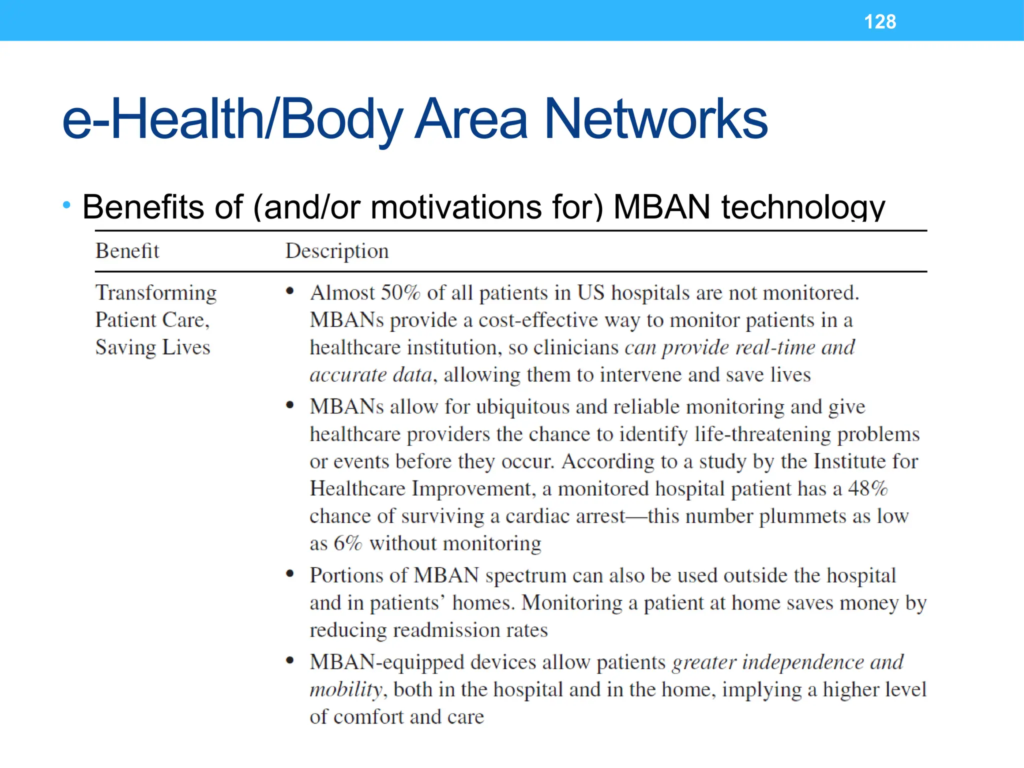 128
e-Health/Body Area Networks
• Benefits of (and/or motivations for) MBAN technology
 
