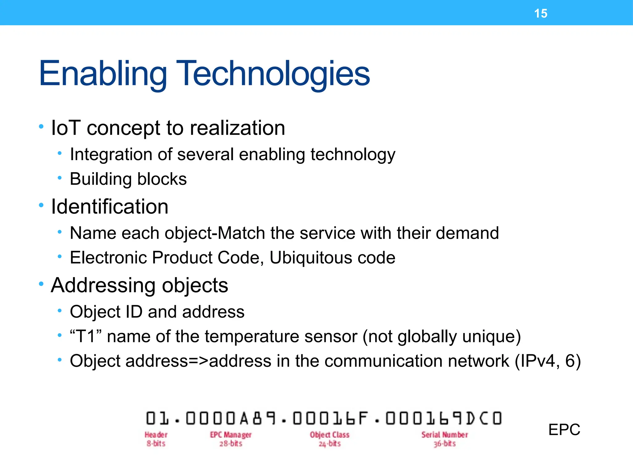 15
Enabling Technologies
• IoT concept to realization
• Integration of several enabling technology
• Building blocks
• Identification
• Name each object-Match the service with their demand
• Electronic Product Code, Ubiquitous code
• Addressing objects
• Object ID and address
• “T1” name of the temperature sensor (not globally unique)
• Object address=>address in the communication network (IPv4, 6)
EPC
 