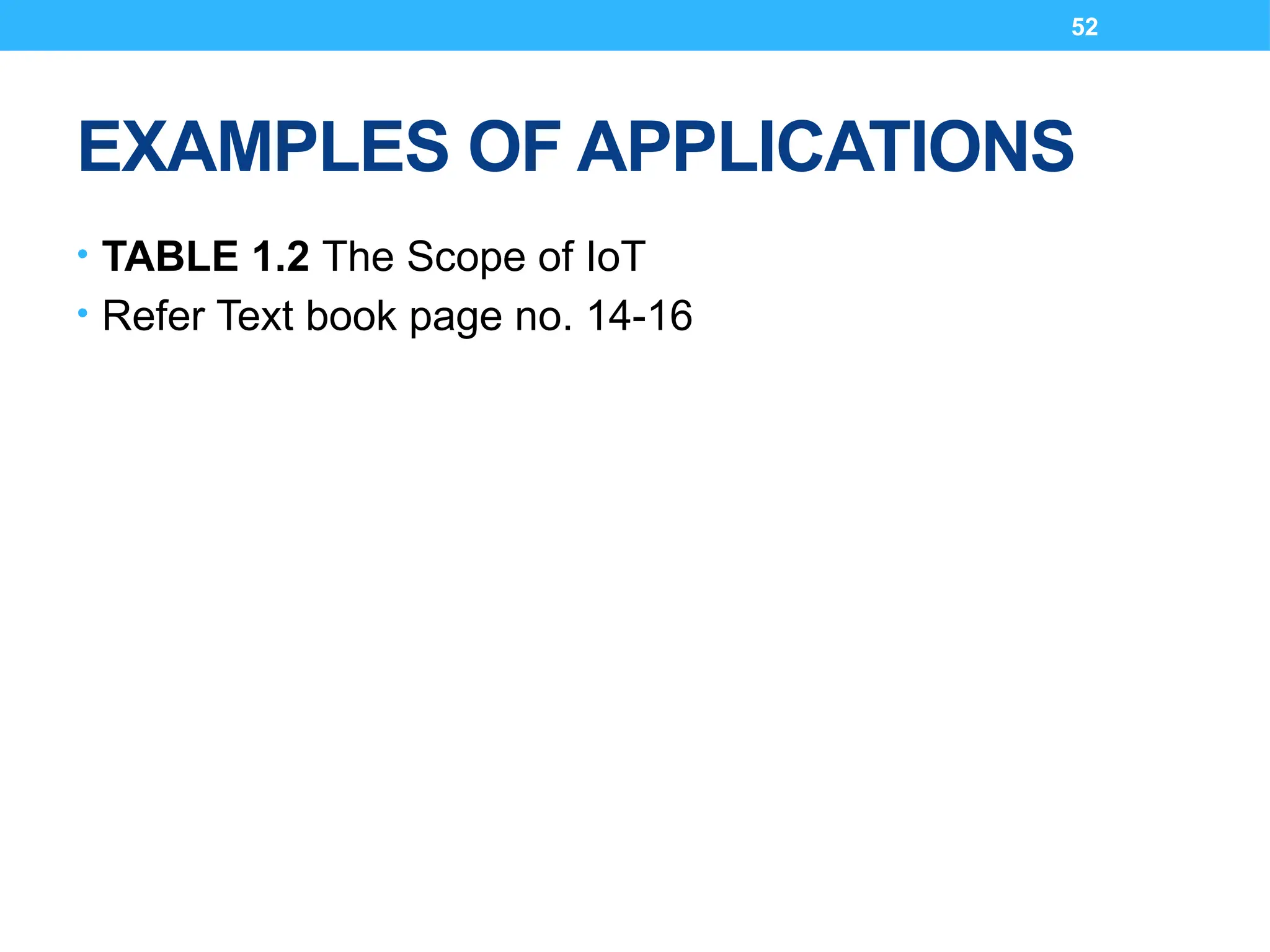 52
EXAMPLES OF APPLICATIONS
• TABLE 1.2 The Scope of IoT
• Refer Text book page no. 14-16
 