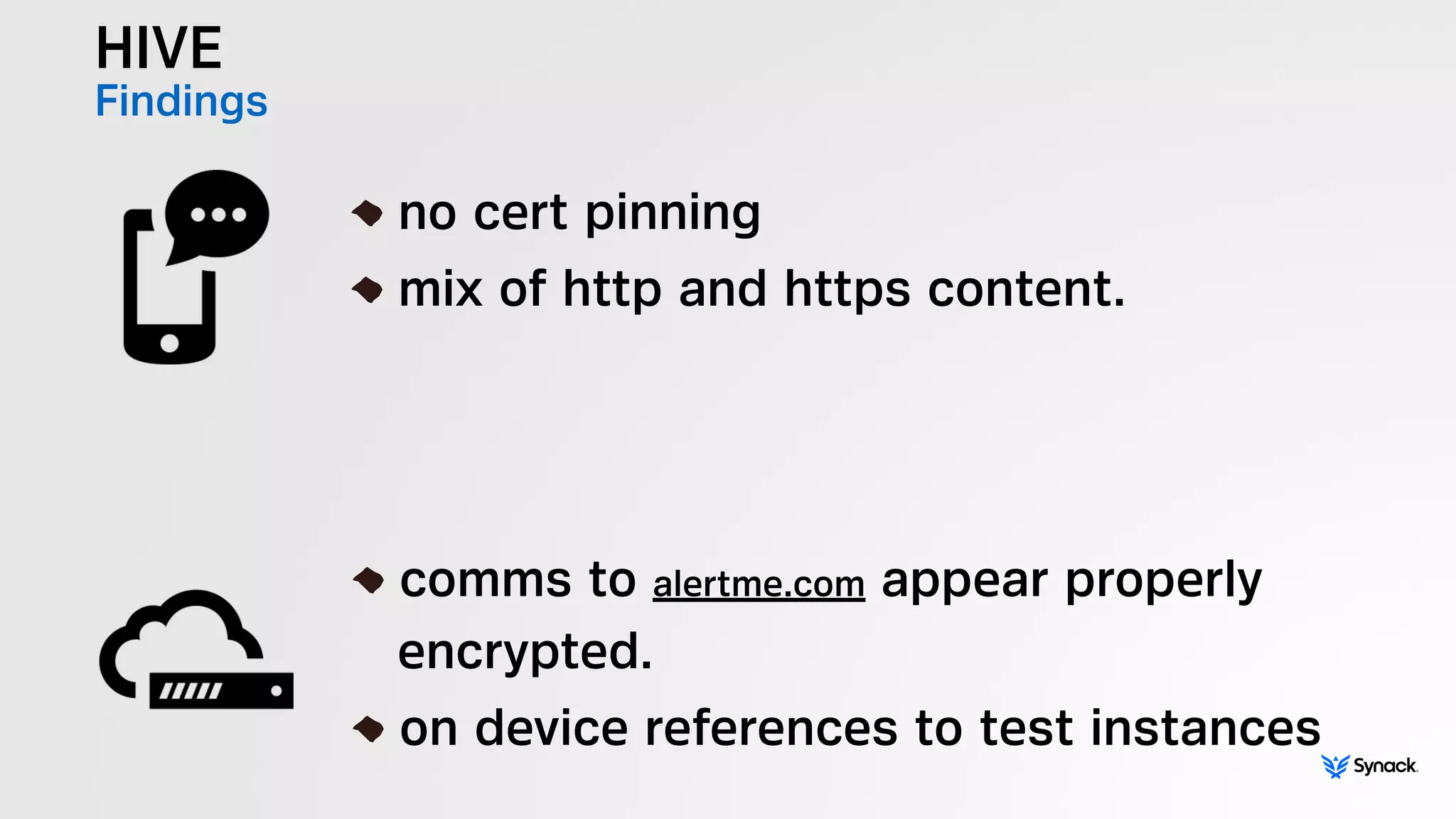 HIVE
Findings
!
no cert pinning
mix of http and https content.
!
comms to alertme.com appear properly  
encrypted.
on device references to test instances
 