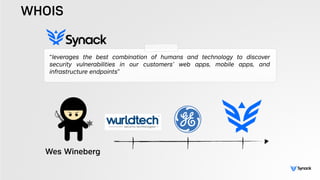 WHOIS
“leverages the best combination of humans and technology to discover
security vulnerabilities in our customers’ web apps, mobile apps, and
infrastructure endpoints”
Wes Wineberg
 