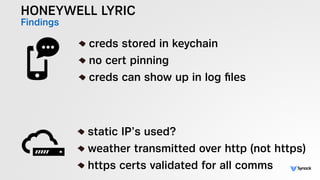 HONEYWELL LYRIC
Findings
!
creds stored in keychain
no cert pinning
creds can show up in log ﬁles
!
static IP’s used?
weather transmitted over http (not https)
https certs validated for all comms
 