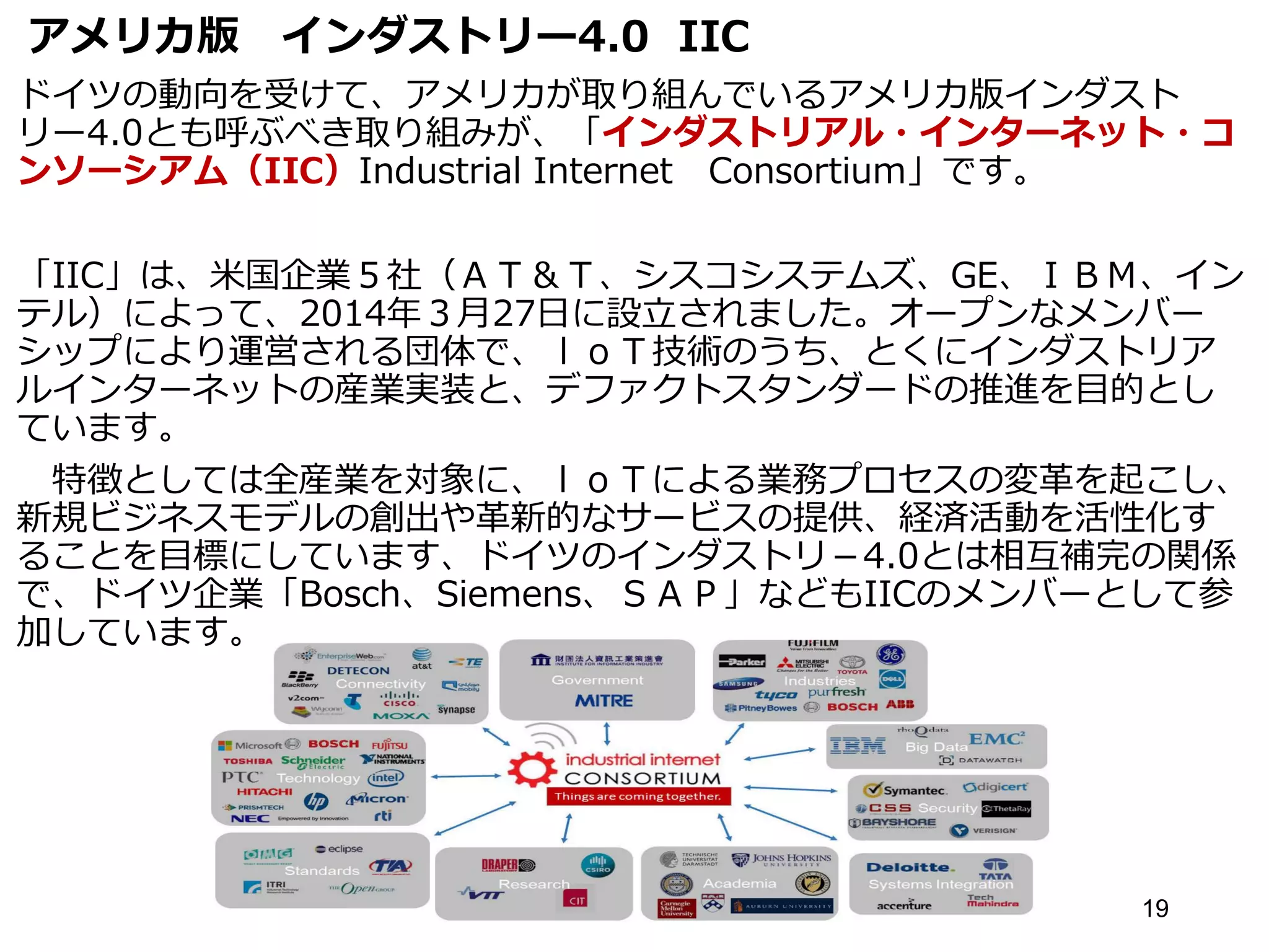 アメリカ版 インダストリー4.0 IIC
ドイツの動向を受けて、アメリカが取り組んでいるアメリカ版インダスト
リー4.0とも呼ぶべき取り組みが、「インダストリアル・インターネット・コ
ンソーシアム（IIC）Industrial Internet Consortium」です。
「IIC」は、米国企業５社（ＡＴ＆Ｔ、シスコシステムズ、GE、ＩＢＭ、イン
テル）によって、2014年３月27日に設立されました。オープンなメンバー
シップにより運営される団体で、ｌｏＴ技術のうち、とくにインダストリア
ルインターネットの産業実装と、デファクトスタンダードの推進を目的とし
ています。
特徴としては全産業を対象に、ｌｏＴによる業務プロセスの変革を起こし、
新規ビジネスモデルの創出や革新的なサービスの提供、経済活動を活性化す
ることを目標にしています、ドイツのインダストリ－4.0とは相互補完の関係
で、ドイツ企業「Bosch、Siemens、ＳＡＰ」などもIICのメンバーとして参
加しています。
19
 