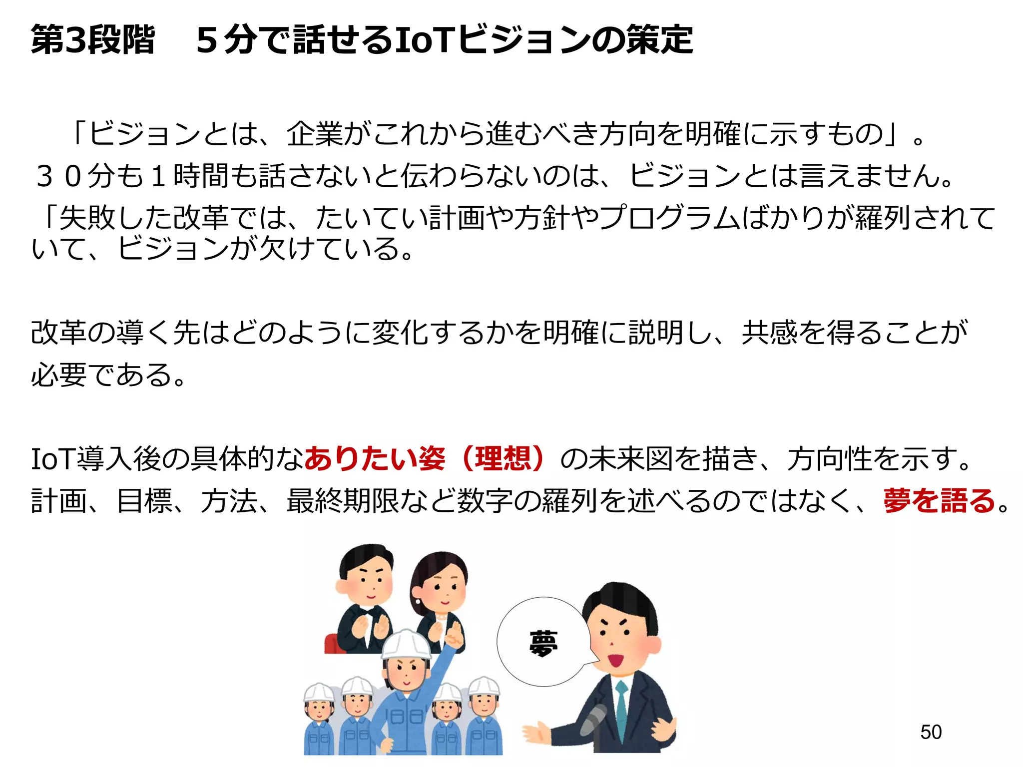 第3段階 ５分で話せるIoTビジョンの策定
「ビジョンとは、企業がこれから進むべき方向を明確に示すもの」。
３０分も１時間も話さないと伝わらないのは、ビジョンとは言えません。
「失敗した改革では、たいてい計画や方針やプログラムばかりが羅列されて
いて、ビジョンが欠けている。
改革の導く先はどのように変化するかを明確に説明し、共感を得ることが
必要である。
IoT導入後の具体的なありたい姿（理想）の未来図を描き、方向性を示す。
計画、目標、方法、最終期限など数字の羅列を述べるのではなく、夢を語る。
50
 
