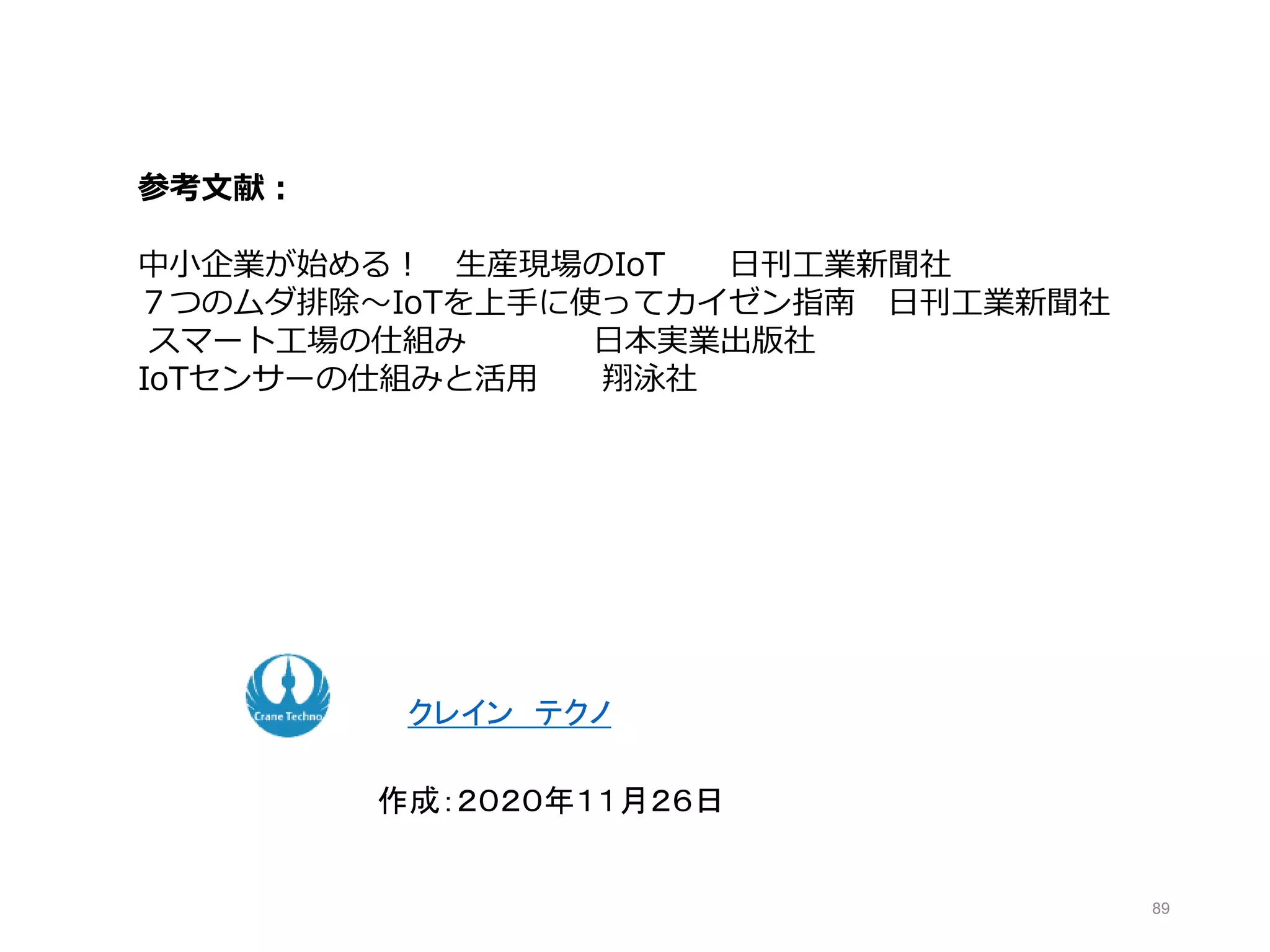 作成：２０２０年１１月２６日
89
参考文献：
中小企業が始める！ 生産現場のIoT 日刊工業新聞社
７つのムダ排除～IoTを上手に使ってカイゼン指南 日刊工業新聞社
スマート工場の仕組み 日本実業出版社
IoTセンサーの仕組みと活用 翔泳社
クレイン テクノ
 