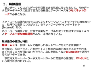 ３．無線通信
センサー、ＬＣなどのデータが収集できる状態になったとして、そのデー
タをデータベースに伝達する為に各機器とデータベースをつなぐネットワ
ークが必要となる。
ネットワークは社内のみをつなぐネットワークの“イントラネット(Intranet)”
と、社外や全世界につながっているネットワークの“インターネット
(Internet）ある。
ネットワーク構築には、安全で確実なケーブルを使って接続する有線ＬＡＮ
とケーブル不要な無線通信があり、注目されている。
無線通信の種類と特徴
無線ＬＡＮは、有線ＬＡＮで構築したネットワークをそのまま無線に
置き換え、接続できる。これからｌｏＴ機器の設置に着手するのであれば、
まず有線ＬＡＮが引けないかを考え、次に無線ＬＡＮかBluetoothを選択す
るのがベターである。
家庭用スマートメーターやスマートホームに関連する機器は、Wi-SUNと
いう規格が使われている。
31
 