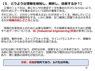 【５．どうような情報を検知し、解析し、改善するか？】
工場のｌｏＴ化は、単にセンサの測定データを集めただけにならないよう、
何のためにデータを集めるかという目的が重要である。
それに対して、どのセンサを使えばよいかが決まってくる。検出したいこと
に対する手段は複数存在する。いかに簡単、且つ確実に把握できるかを考え
るかが知恵の出しどころとなる。
現場の生産性向上のために必要な指標や、その指標を導き出すために把握
すべきデータについては、IE (Industrial Engineering)手法が参考になる。
生産性、動作分析、ストップウォッチ法、ラインバランスチャート、稼働分
析など古くからある手法だが改善の王道である。
IoT化は単に手段であり、目的は分析、改善することが本命であり、IoT化す
る前に既にIE分析を取り入れており、効果があり場合はIoT化は有効な手段で
あり、更に業務の効率化が図られる。
35
分析、改善が目的であり、IoT化は手段。
 