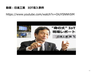 83
動画：日進工業 IOT導入事例
https://www.youtube.com/watch?v=OiUYSNNh5lM
 