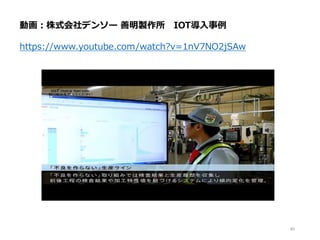 85
動画：株式会社デンソー 善明製作所 IOT導入事例
https://www.youtube.com/watch?v=1nV7NO2jSAw
 