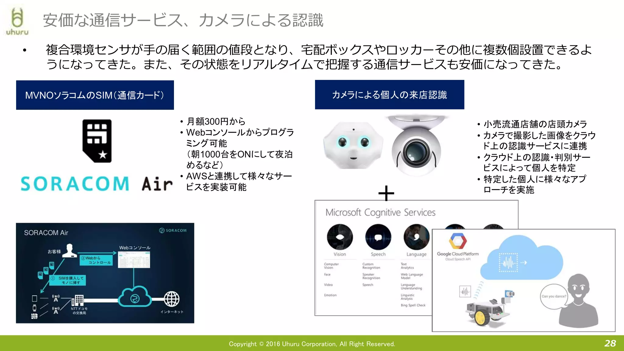 Copyright © 2016 Uhuru Corporation, All Right Reserved.
• 複合環境センサが手の届く範囲の値段となり、宅配ボックスやロッカーその他に複数個設置できるよ
うになってきた。また、その状態をリアルタイムで把握する通信サービスも安価になってきた。
28
安価な通信サービス、カメラによる認識
MVNOソラコムのSIM（通信カード）MVNOソラコムのSIM（通信カード） カメラによる個人の来店認識カメラによる個人の来店認識
• 月額300円から
• Webコンソールからプログラ
ミング可能
（朝1000台をONにして夜泊
めるなど）
• AWSと連携して様々なサー
ビスを実装可能
• 小売流通店舗の店頭カメラ
• カメラで撮影した画像をクラウ
ド上の認識サービスに連携
• クラウド上の認識・判別サー
ビスによって個人を特定
• 特定した個人に様々なアプ
ローチを実施
＋
 