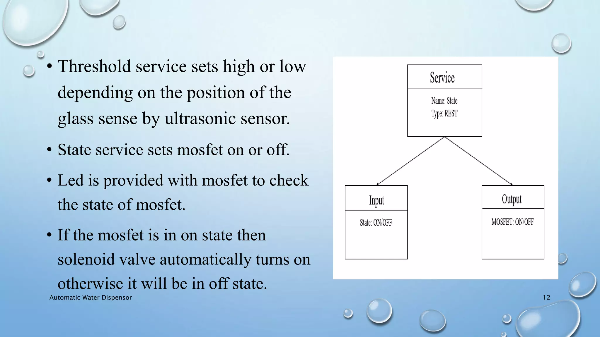 • Threshold service sets high or low
depending on the position of the
glass sense by ultrasonic sensor.
• State service sets mosfet on or off.
• Led is provided with mosfet to check
the state of mosfet.
• If the mosfet is in on state then
solenoid valve automatically turns on
otherwise it will be in off state.
Automatic Water Dispensor 12
 