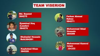 TEAM VISERION
Md. Sayeed
384270 Farhan Ahmed
Rahee
384271
Eyaminul Hoq
(Leader)
384276
Mohammad Kamrul
Islam
384300
Shahadat Hossain
Roll:384281
Mohammad Ikbal
Hossain
384306
Kaykobad Khan
384320
 