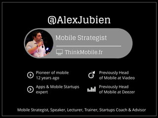 @AlexJubien
Mobile Strategist
ThinkMobile.fr
Pioneer of mobile
12 years ago
Apps & Mobile Startups
expert
Previously Head
of Mobile at Viadeo
Previously Head
of Mobile at Deezer
Mobile Strategist, Speaker, Lecturer, Trainer, Startups Coach & Advisor
 
