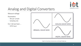 Analog and Digital Converters
Measure voltage
Parameters
◦ Bits per sample
◦ Sampling rate
For 1 bit we have …
◦ GPIO Input
28
Image from http://www.centerpointaudio.com/Analog-VS-Digital.aspx
 