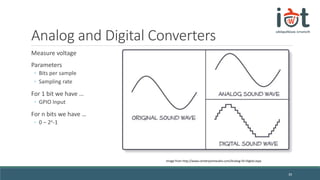 Analog and Digital Converters
Measure voltage
Parameters
◦ Bits per sample
◦ Sampling rate
For 1 bit we have …
◦ GPIO Input
For n bits we have …
◦ 0 – 2n-1
30
Image from http://www.centerpointaudio.com/Analog-VS-Digital.aspx
 