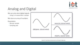 Analog and Digital
We can only store digital signals
◦ Using 1 or several bits / sample
We store an array of numbers
Parameters
◦ Bits per sample
◦ Sampling rate
4
Image from http://www.centerpointaudio.com/Analog-VS-Digital.aspx
 