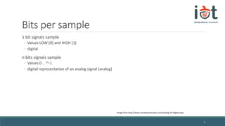 Bits per sample
1 bit signals sample
◦ Values LOW (0) and HIGH (1)
◦ digital
n bits signals sample
◦ Values 0 .. 2n-1
◦ digital representation of an analog signal (analog)
5
Image from http://www.centerpointaudio.com/Analog-VS-Digital.aspx
 