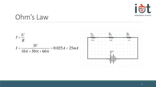 Ohm’s Law
9
I =
U
R
I =
3V
10W+50W+ 60W
= 0.025A = 25mA
 