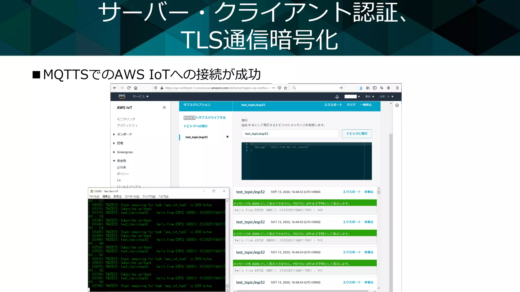 サーバー・クライアント認証、
TLS通信暗号化
■MQTTSでのAWS IoTへの接続が成功
 