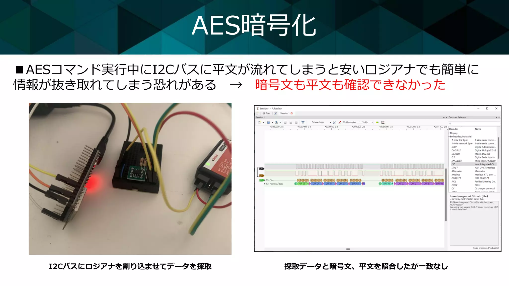 AES暗号化
■AESコマンド実行中にI2Cバスに平文が流れてしまうと安いロジアナでも簡単に
情報が抜き取れてしまう恐れがある → 暗号文も平文も確認できなかった
I2Cバスにロジアナを割り込ませてデータを採取 採取データと暗号文、平文を照合したが一致なし
 