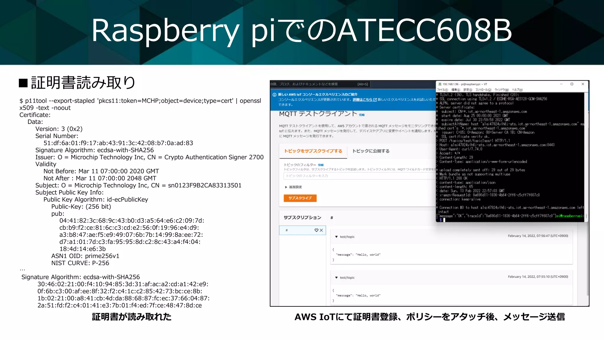 $ p11tool --export-stapled 'pkcs11:token=MCHP;object=device;type=cert' | openssl
x509 -text -noout
Certificate:
Data:
Version: 3 (0x2)
Serial Number:
51:df:6a:01:f9:17:ab:43:91:3c:42:08:b7:0a:ad:83
Signature Algorithm: ecdsa-with-SHA256
Issuer: O = Microchip Technology Inc, CN = Crypto Authentication Signer 2700
Validity
Not Before: Mar 11 07:00:00 2020 GMT
Not After : Mar 11 07:00:00 2048 GMT
Subject: O = Microchip Technology Inc, CN = sn0123F9B2CA83313501
Subject Public Key Info:
Public Key Algorithm: id-ecPublicKey
Public-Key: (256 bit)
pub:
04:41:82:3c:68:9c:43:b0:d3:a5:64:e6:c2:09:7d:
cb:b9:f2:ce:81:6c:c3:cd:e2:56:0f:19:96:e4:d9:
a3:b8:47:ae:f5:e9:49:07:6b:7b:14:99:8a:ee:72:
d7:a1:01:7d:c3:fa:95:95:8d:c2:8c:43:a4:f4:04:
18:4d:14:e6:3b
ASN1 OID: prime256v1
NIST CURVE: P-256
…
Signature Algorithm: ecdsa-with-SHA256
30:46:02:21:00:f4:10:94:85:3d:31:af:ac:a2:cd:a1:42:e9:
0f:6b:c3:00:af:ee:8f:32:f2:c4:1c:c2:85:42:73:bc:ce:8b:
1b:02:21:00:a8:41:cb:4d:da:88:68:87:fc:ec:37:66:04:87:
2a:51:fd:f2:c4:01:41:e3:7b:01:f4:ed:7f:ce:48:47:8d:ce
Raspberry piでのATECC608B
■証明書読み取り
証明書が読み取れた AWS IoTにて証明書登録、ポリシーをアタッチ後、メッセージ送信
 