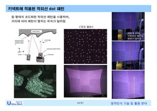 44/81 동작인식 기술 및 활용 분야
<격자 패턴>
점 형태의 코드화된 적외선 패턴을 사용하며,
거리에 따라 패턴이 맺히는 위치가 달라짐
키넥트에 적용된 적외선 dot 패턴
거리에 따라
IR패턴이 맺히는
위치가 달라짐
 