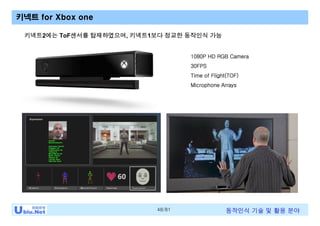 48/81 동작인식 기술 및 활용 분야
키넥트 for Xbox one
1080P HD RGB Camera
30FPS
Time of Flight(TOF)
Microphone Arrays
키넥트2에는 ToF센서를 탑재하였으며, 키넥트1보다 정교한 동작인식 가능
 