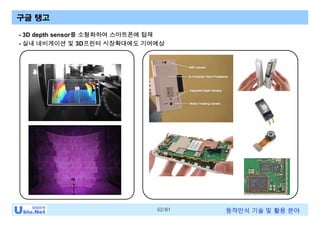 52/81 동작인식 기술 및 활용 분야
구글 탱고
- 3D depth sensor를 소형화하여 스마트폰에 탑재
- 실내 네비게이션 및 3D프린터 시장확대에도 기여예상
 