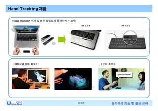 63/81 동작인식 기술 및 활용 분야
Hand Tracking 제품
<3D모델링에 활용>
<leap motion> 저가 및 높은 정밀도의 동작인식 시스템
<수화 통역>
HP 키보드HP 노트북
 