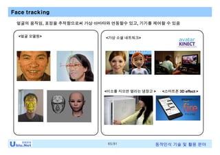 65/81 동작인식 기술 및 활용 분야
Face tracking
<미소를 지으면 열리는 냉장고 >
<얼굴 모델링> <가상 소셜 네트워크>
얼굴의 움직임, 표정을 추적함으로써 가상 아바타와 연동할수 있고, 기기를 제어할 수 있음
<스마트폰 3D effect >
 