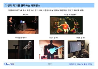 72/81 동작인식 기술 및 활용 분야
가상의 악기를 연주하는 퍼포먼스
<지휘>
<바이얼린 연주>
<드럼 퍼포먼스>
<기타 연주>
악기가 없어도 내 몸의 움직임이 악기처럼 반응함으로써 기존에 경험하지 못했던 즐거움 제공
<하프 연주>
 