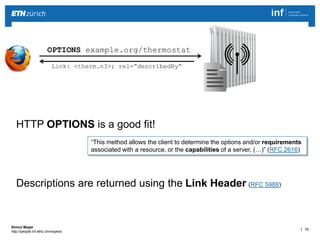 | 15 
Simon Mayer 
http://people.inf.ethz.ch/mayersi 
HTTP OPTIONS is a good fit! 
“This method allows the client to determine the options and/or requirements 
associated with a resource, or the capabilities of a server, (…)” (RFC 2616) 
Descriptions are returned using the Link Header (RFC 5988) 
OPTIONS example.org/thermostat 
Link: <therm.n3>; rel=“describedBy“ 
 