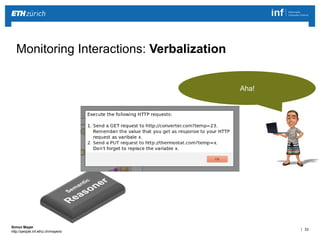 | 33 
Simon Mayer 
http://people.inf.ethz.ch/mayersi 
Monitoring Interactions: Verbalization 
I want my environment to 
have a temperature of 23°C 
?A?h?a?! 
 