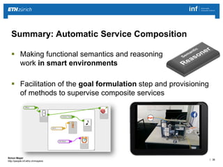 | 36 
Simon Mayer 
http://people.inf.ethz.ch/mayersi 
 Making functional semantics and reasoning 
work in smart environments 
 Facilitation of the goal formulation step and provisioning 
of methods to supervise composite services 
Summary: Automatic Service Composition 
 