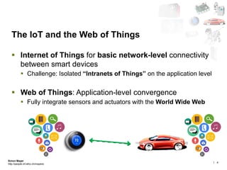 4 
| 
Simon Mayerhttp://people.inf.ethz.ch/mayersi 
Internet ofThings forbasicnetwork-levelconnectivitybetweensmart devices 
Challenge: Isolated“Intranets of Things”on theapplicationlevel 
Web ofThings: Application-level convergence 
FullyintegratesensorsandactuatorswiththeWorld Wide Web 
The IoTandtheWeb ofThings  
