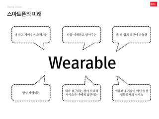스마트폰의 미래
Trend Driver
Wearable
더 작고 가벼우며 오래가는 나를 이해하고 알아주는 좀 더 쉽게 접근이 가능한
항상 깨어있는
내가 접근하는 것이 아니라
서비스가 나에게 접근하는
컴퓨터나 기술이 아닌 일상
생활로써의 서비스
 