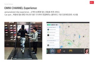 Trend Driver
OMNI CHANNEL Experience
personalized nike experience , 고객의 보폭에 맞는 운동화 추천 서비스
Car port , 차량내 정보 뿐만 아니라 다른 기기까지 연결해주는 클라우드 기반 인포테인먼트 시스템
 