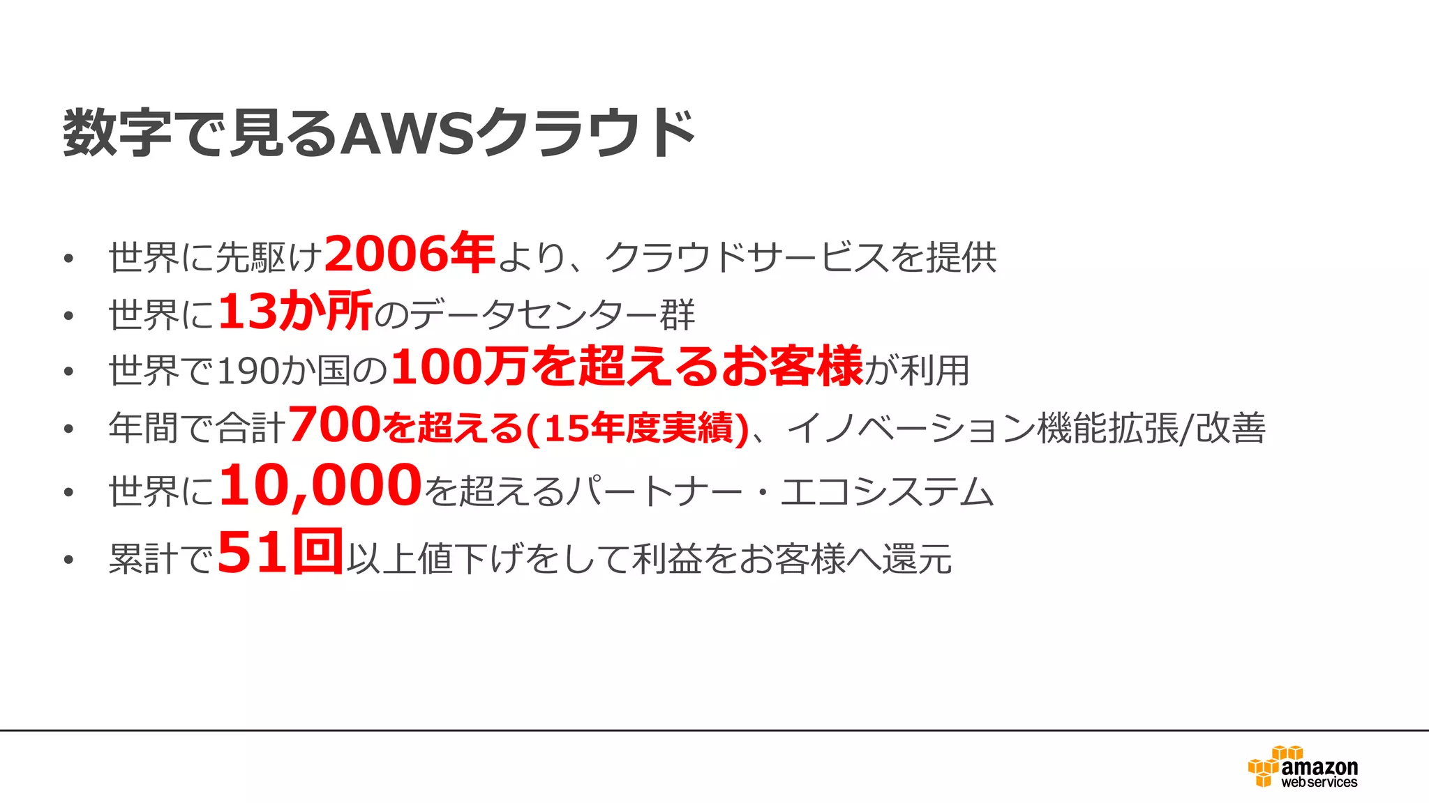 数字で⾒るAWSクラウド
• 世界に先駆け2006年より、クラウドサービスを提供
• 世界に13か所のデータセンター群
• 世界で190か国の100万を超えるお客様が利⽤
• 年間で合計700を超える(15年度実績)、イノベーション機能拡張/改善
• 世界に10,000を超えるパートナー・エコシステム
• 累計で51回以上値下げをして利益をお客様へ還元
 