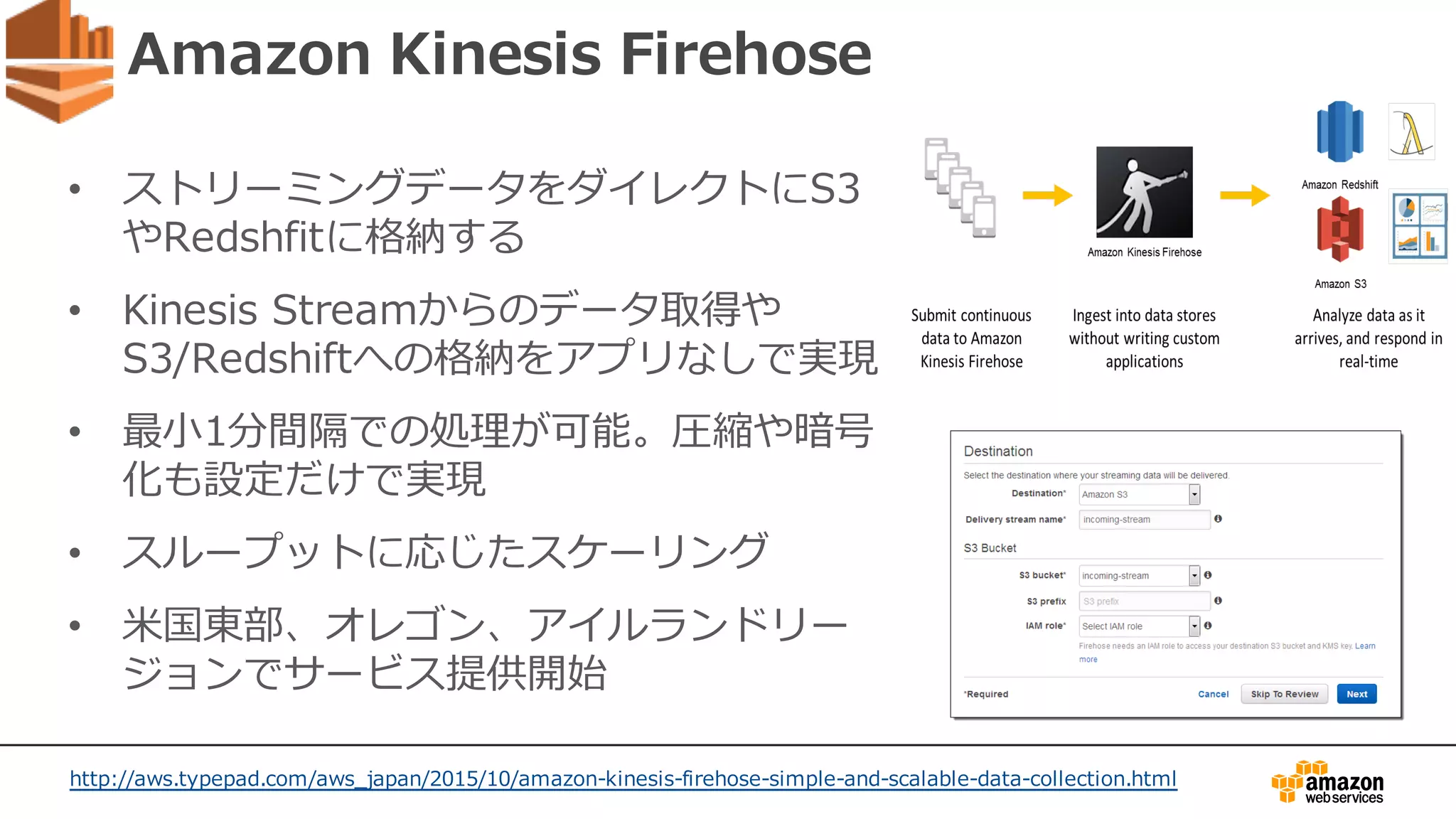 Amazon Kinesis Firehose
• ストリーミングデータをダイレクトにS3
やRedshfitに格納する
• Kinesis Streamからのデータ取得や
S3/Redshiftへの格納をアプリなしで実現
• 最⼩1分間隔での処理が可能。圧縮や暗号
化も設定だけで実現
• スループットに応じたスケーリング
• ⽶国東部、オレゴン、アイルランドリー
ジョンでサービス提供開始
http://aws.typepad.com/aws_japan/2015/10/amazon-kinesis-firehose-simple-and-scalable-data-collection.html
 