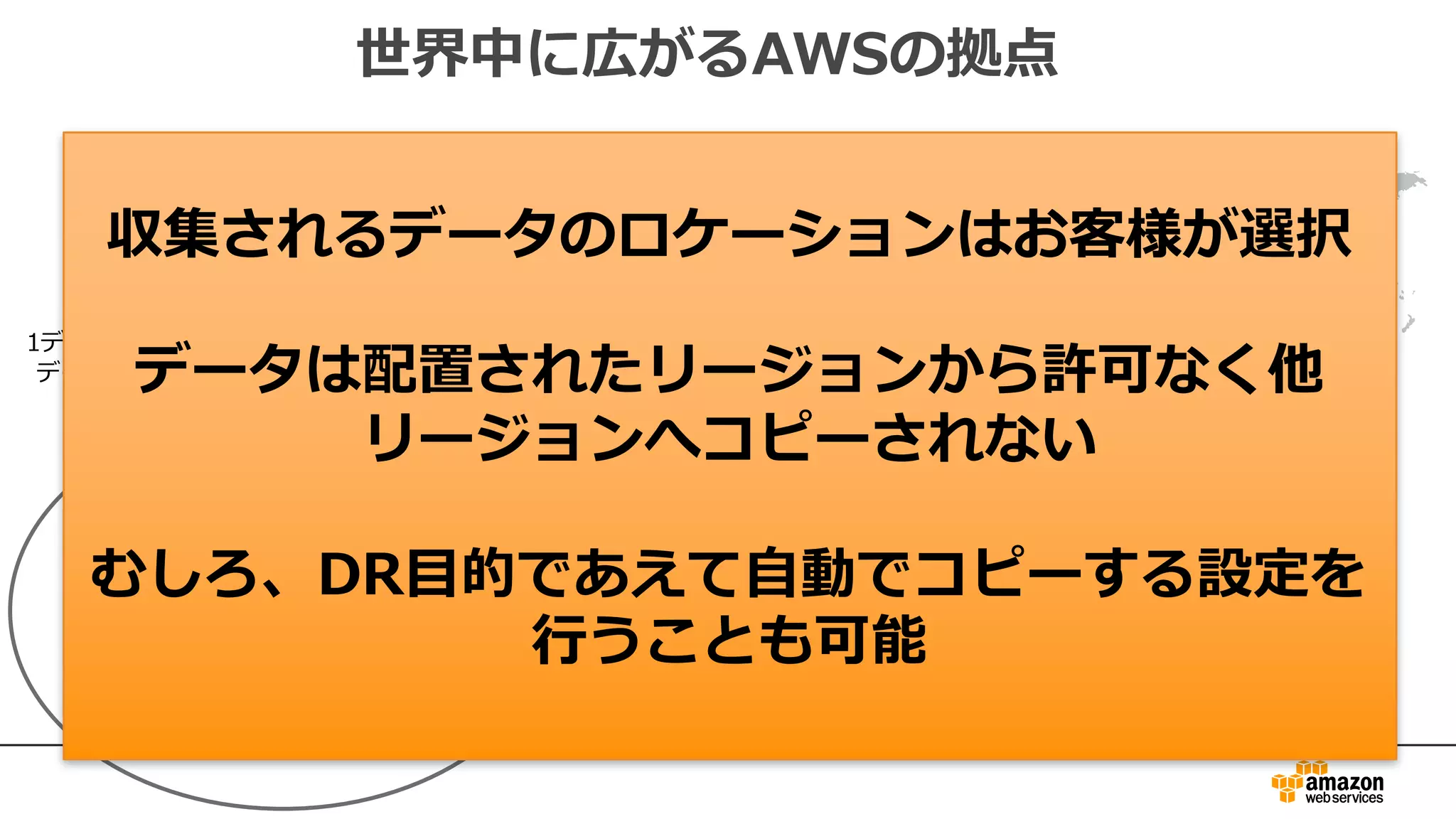世界中に広がるAWSの拠点
AZ間はAWSの専⽤線で接続
AZ間はほぼ1ms以下のレイテンシー
AZ
AZ
AZ AZ AZ
Transit
Transit
1データセンターあたり5万台以上のサーバ
データセンター間はAWSの専⽤線で接続
収集されるデータのロケーションはお客様が選択
データは配置されたリージョンから許可なく他
リージョンへコピーされない
むしろ、DR⽬的であえて⾃動でコピーする設定を
⾏うことも可能
 