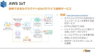 AWS IoT
• 特徴 (https://aws.amazon.com/jp/iot/)
– デバイスとクラウドの双⽅向コ
ミュニケーションを実現する総
合サービス
– HTTPとMQTTに対応
– ハイトランザクションに耐えう
る⾼いスケーラビリティ
– ルールとアクションを定義可能
– 利⽤した分だけの⽀払い
– AWSサービスとのシームレス
な連携
簡単で安全なクラウドへのIoTデバイス接続サービス
 