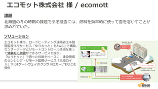 エコモット株式会社 様 / ecomott
課題
北海道の冬の時期の課題である融雪には、燃料を効率的に使って雪を溶かすことが
求めれていた。
ソリューション
エコモット様は、ロードヒーティング遠隔省エネ融
雪監視代⾏サービス「ゆりもっと」をAWS上で構築、
センサーデータとリモートコントロール技術を使っ
て効率的に融雪ができるサービスを提供。
「ゆりもっと」で培った技術をベースに、建設現場
のセンシング・リモート監視サービス「現場ロイ
ド」やIoTゲートウェイのクラウドロガーLTEなどを
提供
 