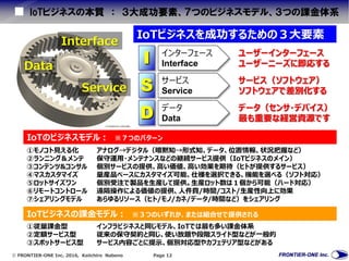  FRONTIER-ONE Inc. 2016, Keiichiro Nabeno Page 12
IoTビジネスの本質 ： ３大成功要素、７つのビジネスモデル、３つの課金体系
IoTビジネスを成功するための３大要素
Interface
I インターフェース
Interface
ユーザーインターフェース
ユーザーニーズに即応する
Service S サービス
Service
サービス（ソフトウェア）
ソフトウェアで差別化する
Data
D データ
Data
データ（センサ・デバイス）
最も重要な経営資源です
IoTのビジネスモデル： ※７つのパターン
①モノコト見える化 アナログ→デジタル（暗黙知→形式知、データ、位置情報、状況把握など）
②ランニング＆メンテ 保守運用・メンテナンスなどの継続サービス提供（IoTビジネスのメイン）
③コンテンツ&コンサル 個別サービスの提供、高い価値、高い効果を期待（ヒトが提供するサービス）
④マスカスタマイズ 量産品ベースにカスタマイズ可能、仕様を選択できる、機能を選べる（ソフト対応）
⑤ロットサイズワン 個別受注で製品を生産して提供。生産ロット数は１個から可能（ハード対応）
⑥リモートコントロール 遠隔操作による価値の提供、人件費/時間/コスト/生産性向上に効果
⑦シェアリングモデル あらゆるリソース（ヒト/モノ/カネ/データ/時間など）をシェアリング
IoTビジネスの課金モデル： ※３つのいずれか、または組合せで提供される
①従量課金型 インフラビジネスと同じモデル、IoTでは最も多い課金体系
②定額サービス型 従来の保守契約と同じ、使い放題や段階スライド型などが一般的
③スポットサービス型 サービス内容ごとに提示、個別対応型やカフェテリア型などがある
 