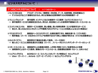  FRONTIER-ONE Inc. 2016, Keiichiro Nabeno Page 13
ビジネスモデルについて ：
７つのビジネスモデルについて ： ※７つのパターン
①モノコト見える化 アナログ→デジタル（暗黙知→形式知、データ、位置情報、状況把握など）
→ デジタル化することで価値を生むもの。例えば建機の位置情報や3Dの現場図面データ
②ランニング＆メンテ 保守運用・メンテナンスなどの継続サービス提供（IoTビジネスのメイン）
→ 保守運用サービスから価値を生むもの。例えば、航空機エンジンの省燃料や建機のリモートコントロール
③コンテンツ&コンサル 個別サービスの提供、高い価値、高い効果を期待（ヒトが提供するサービス）
→ 省エネ、省人化などのコンサルティングや業務プロセスやオペレーションの見直しによるコスト削減など
④マスカスタマイズ 量産品ベースにカスタマイズ、仕様を選択できる、機能を選べる（ソフト対応）
→ 既存製品（ハード）のなかのソフトウェアを更新するだけで新しい機能が得られる（テスラ社自動車など）
⑤ロットサイズワン 個別受注で製品を生産して提供。（ハード対応）
→ 個人のニーズごとに個別生産された製品（ハード）、ハーレーダビットソンやアンダーアーマーのシューズ
⑥リモートコントロール 遠隔操作による価値の提供、人件費/時間/コスト/生産性向上に効果
→ 遠隔操作によるサービス提供、建機のリモートコントロール、自動運転自動車・ドローン、ロボットなど
⑦シェアリングモデル あらゆるリソース（ヒト/モノ/カネ/データ/時間など）をシェアリング
→ Uber（ウーバー）、Airbnb（エアービーアンドビー）などシェアリングモデル
 