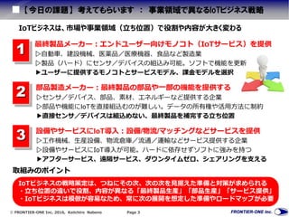  FRONTIER-ONE Inc. 2016, Keiichiro Nabeno Page 3
【今日の課題】 考えてもらいます ： 事業領域で異なるIoTビジネス戦略
1
2
3
最終製品メーカー：エンドユーザー向けモノコト（IoTサービス）を提供
▷自動車、建設機械、医薬品／医療機器、食品など製造業
▷製品（ハード）にセンサ／デバイスの組込み可能。ソフトで機能を更新
▶ユーザーに提供するモノコトとサービスモデル、課金モデルを選択
部品製造メーカー：最終製品の部品や一部の機能を提供する
▷センサ／デバイス、部品、素材、エネルギーなど提供する企業
▷部品や機能にIoTを直接組込むのが難しい。データの所有権や活用方法に制約
▶直接センサ／デバイスは組込めない、最終製品を補完する立ち位置
設備やサービスにIoT導入：設備/物流/マッチングなどサービスを提供
▷工作機械、生産設備、物流倉庫／流通／運輸などサービス提供する企業
▷設備やサービスにIoT導入が可能。ハードに依存せずソフトに強みを持つ
▶アフターサービス、遠隔サービス、ダウンタイムゼロ、シェアリングを支える
IoTビジネスの戦略策定は、つねにその次、次の次を見据えた準備と対策が求められる
・立ち位置の違いで役割、内容が異なる「最終製品生産」「部品生産」「サービス提供」
・IoTビジネスは模倣が容易なため、常に次の展開を想定した準備やロードマップが必要
取組みのポイント
IoTビジネスは、市場や事業領域（立ち位置）で役割や内容が大きく変わる
 