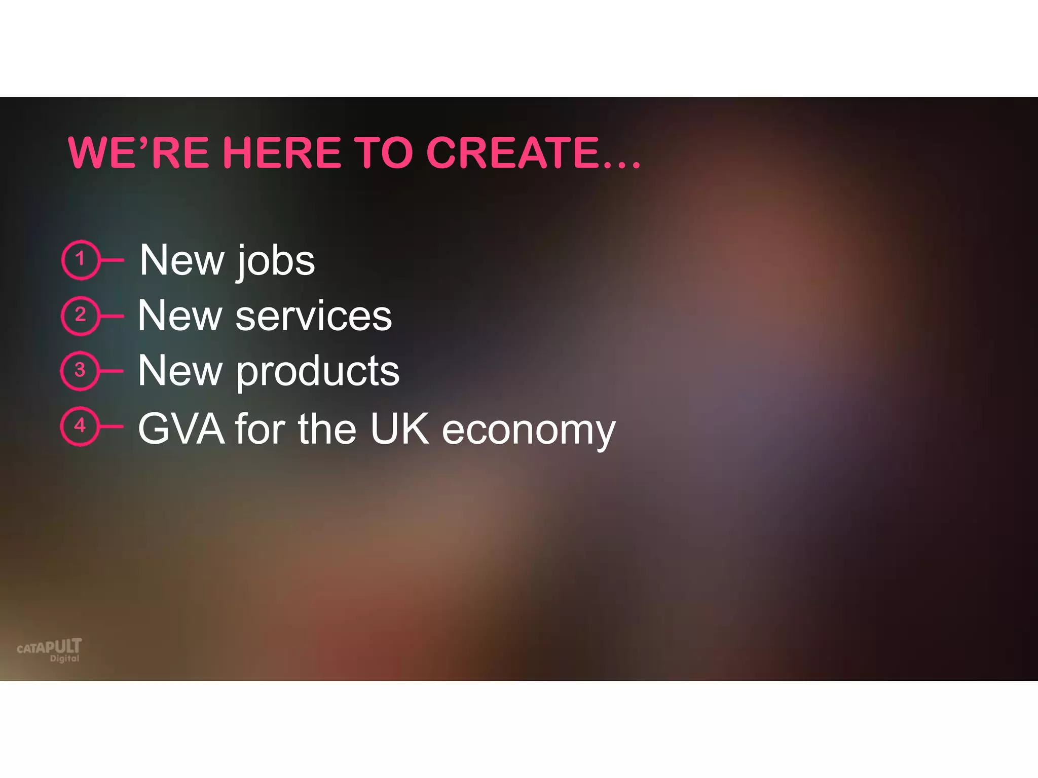 New jobs
New services
New products
GVA for the UK economy
1
2
3
4
WE’RE HERE TO CREATE…
 