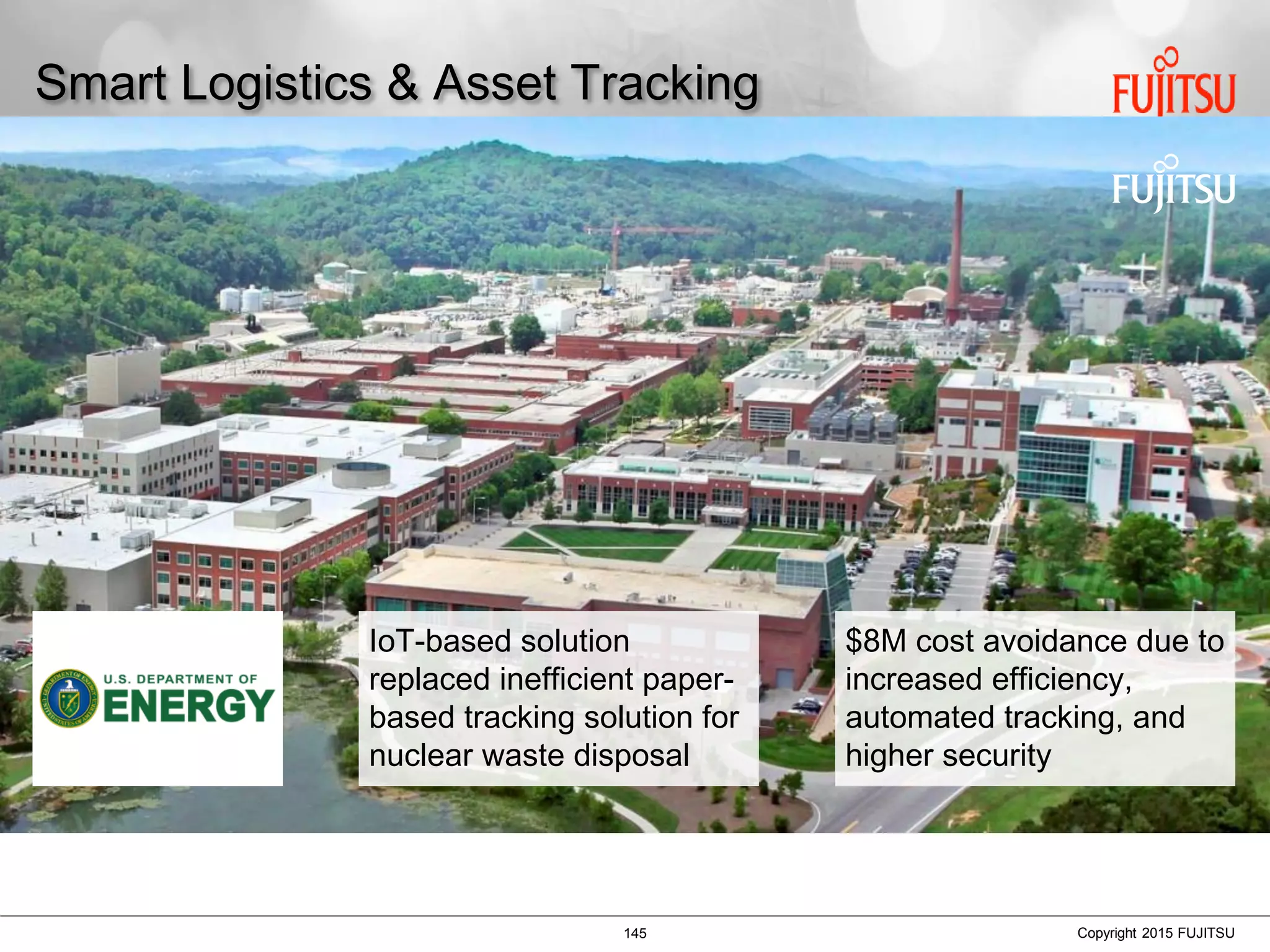 145 Copyright 2015 FUJITSU
Smart Logistics & Asset Tracking
IoT-based solution
replaced inefficient paper-
based tracking solution for
nuclear waste disposal
$8M cost avoidance due to
increased efficiency,
automated tracking, and
higher security
 